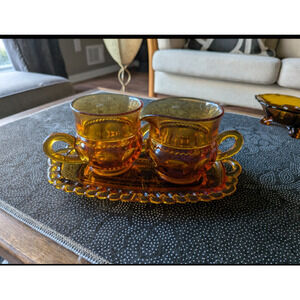 Vintage Kings Crown Thumbprint Amber Indiana Glass Co. Sugar Creamer & Tray